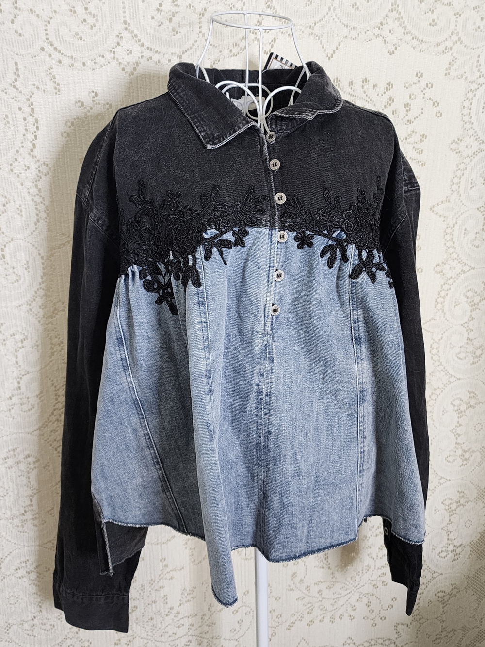 Women's Two-Tone Black Lace and Light Blue Denim Shirt Jacket